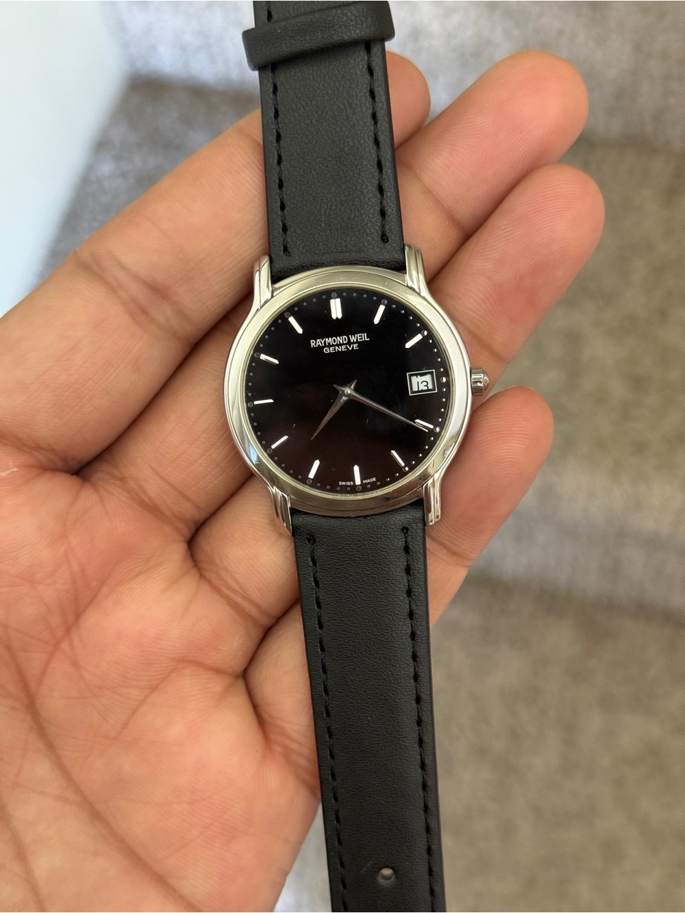 Raymond Weil classic Black Dial Silver Case Leather Strap Watch